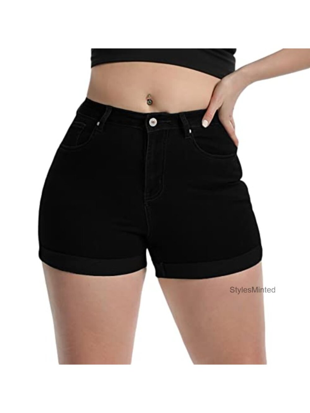 Women's High Waisted Stretchy Denim Jean Shorts Folded Hem Summer